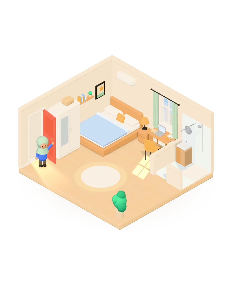 A clay model of a furnished room: a bed, a desk by the window, a wardrobe and its own bathroom, with someone waving at the open door.